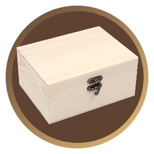 Unfinished pine wooden box with hinged lid and metal clasp, shown closed.