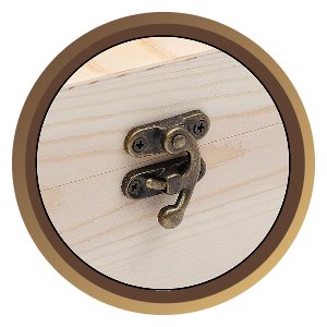 Close-up of a metal latch on an unfinished pine wooden box with a hinged lid.