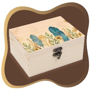 Unfinished pine wooden box with hinged lid decorated with feathers and flowers