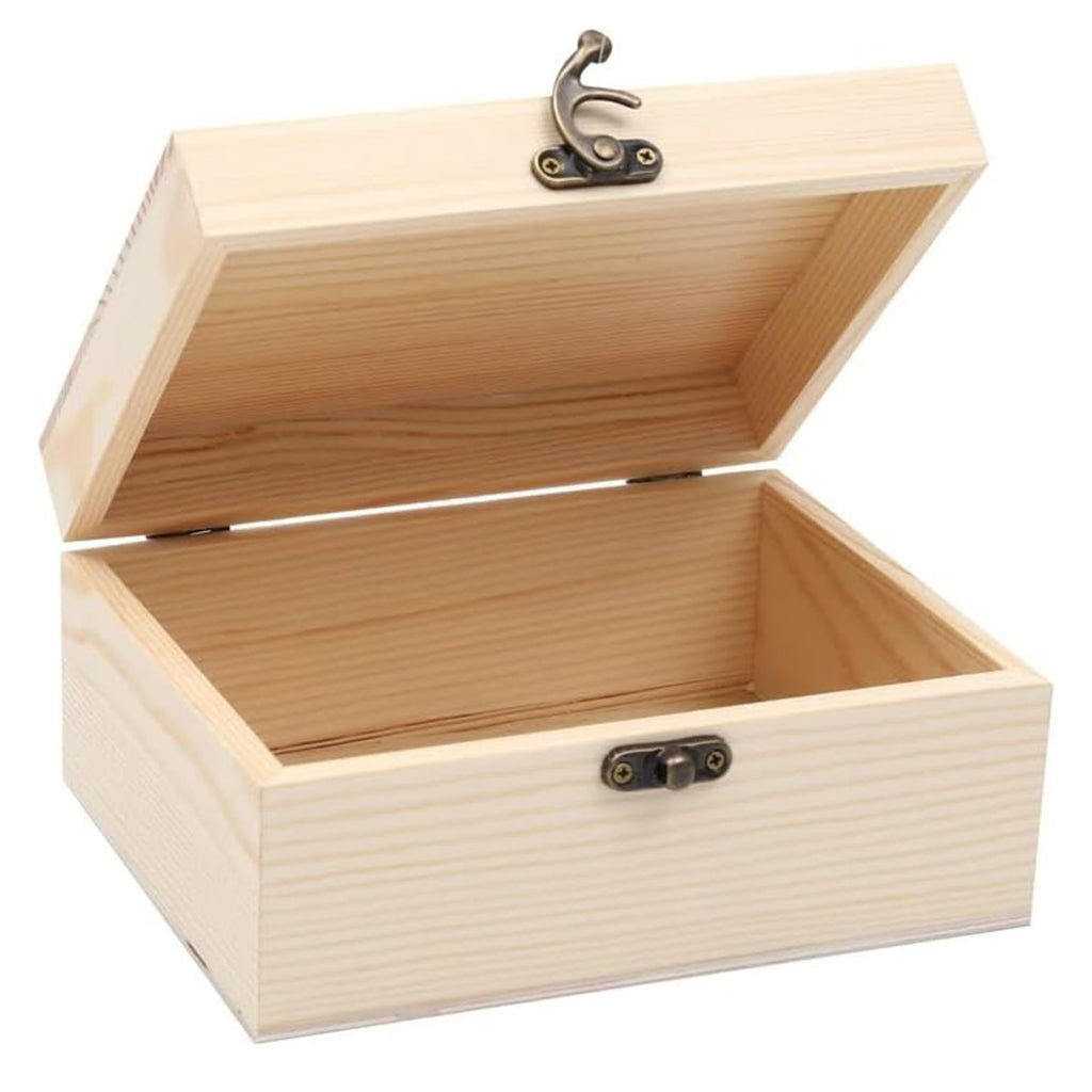 Unfinished pine wooden box with hinged lid and metal latch, shown open against a white background.