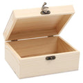 Unfinished pine wooden box with hinged lid and metal latch, shown open against a white background.