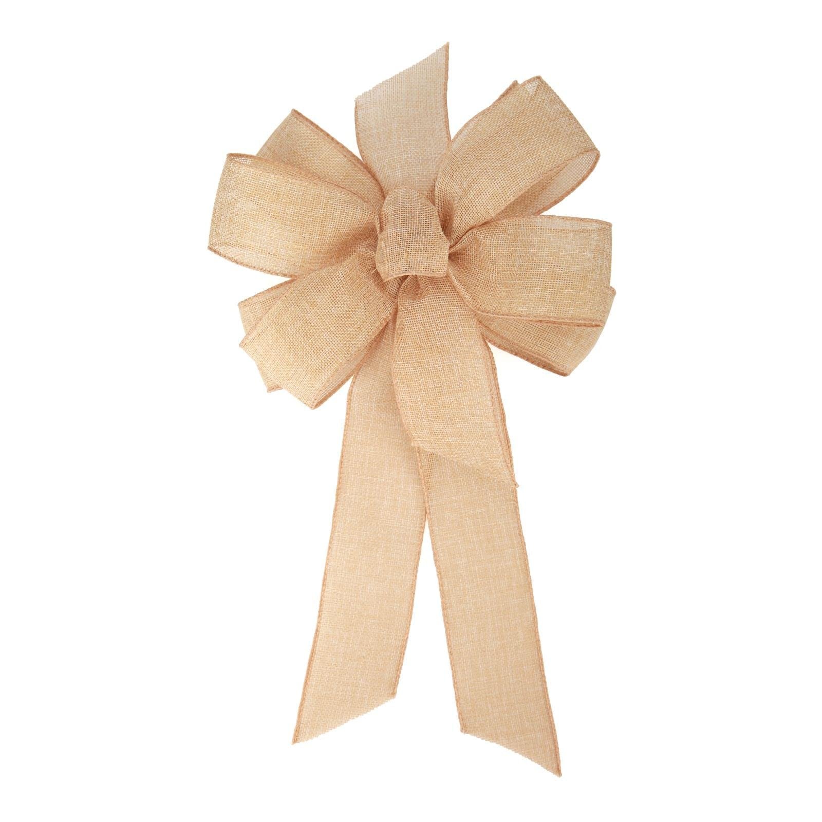 Natural burlap bow with two streamers, isolated on white background.