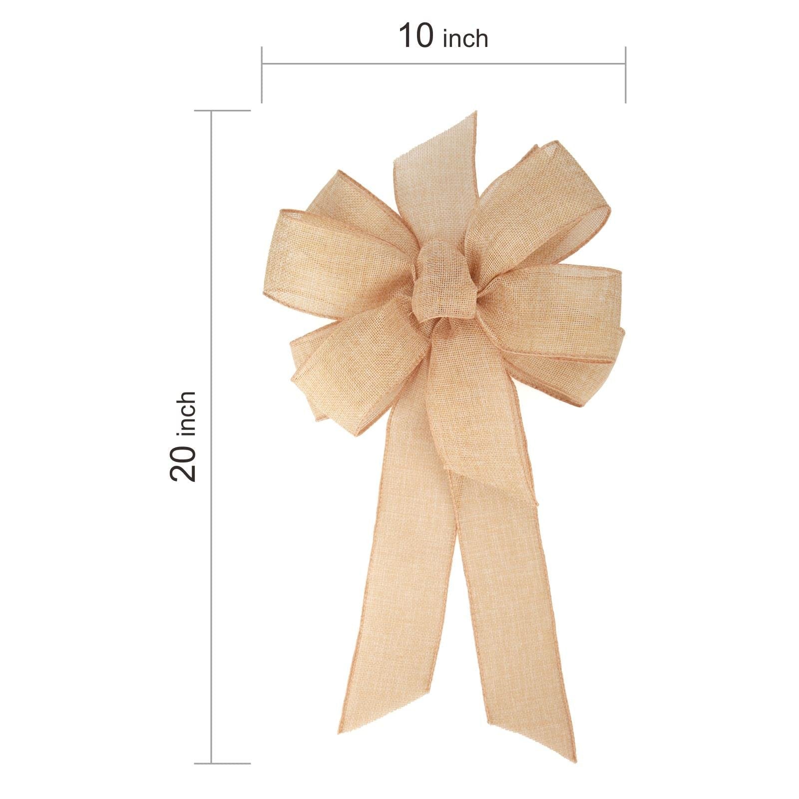 Burlap bow with 10 inch width and 20 inch length dimensions indicated by lines and text.