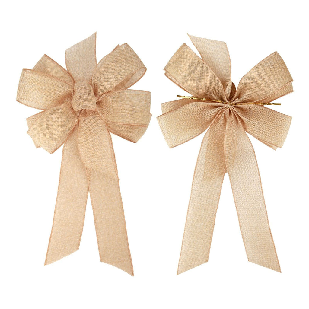 Two burlap bows with gold wire accents, shown from the front against a white background.