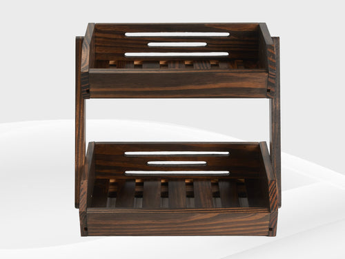 Two-tier dark wood fruit basket with slatted shelves and side supports, shown from the front.