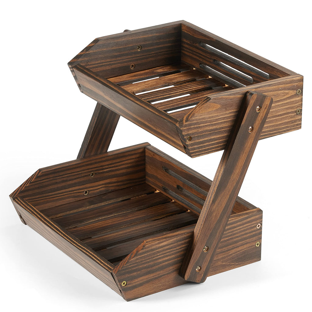 Two-tier dark wood fruit basket with slatted shelves, shown from a three-quarter front angle on a white background.