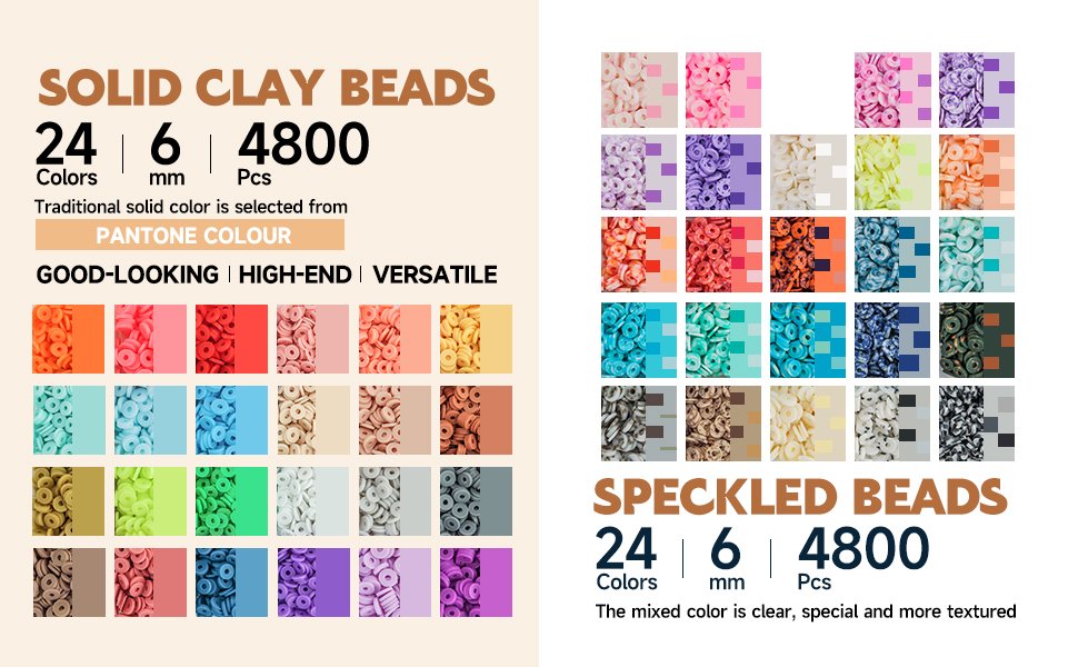 Solid and speckled clay beads in multiple colors, with details on size and quantity.