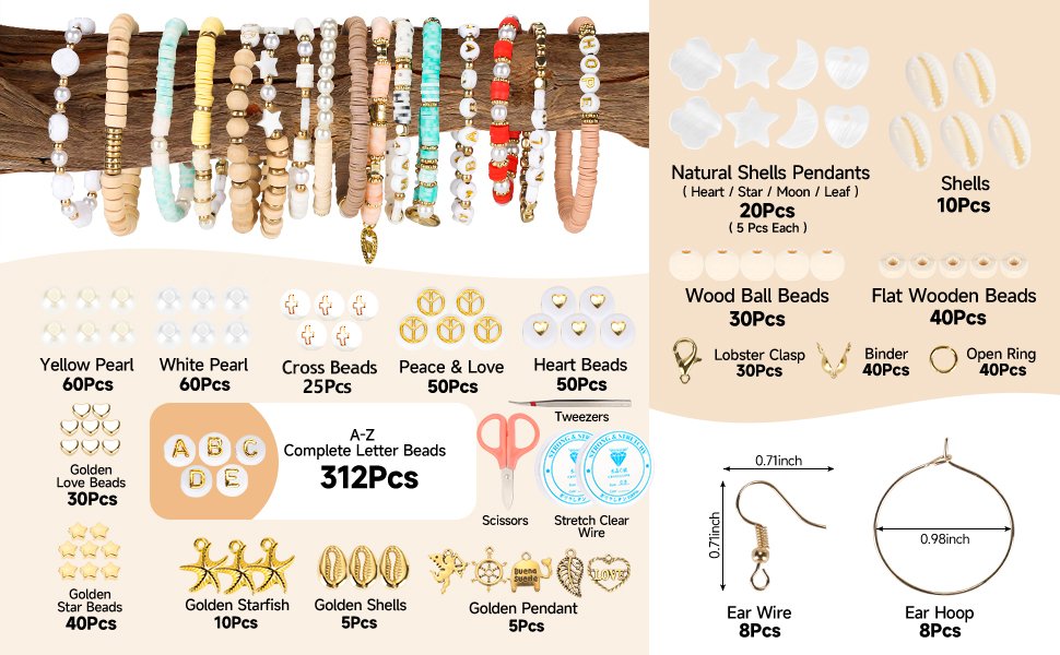 Clay bead bracelet making kit contents including various beads, pendants, tools, and findings laid out.