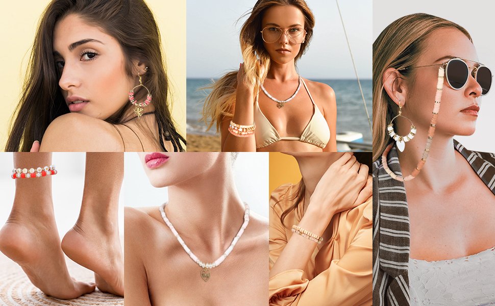 Collage of women modeling various jewelry pieces made from colorful beads and accessories.