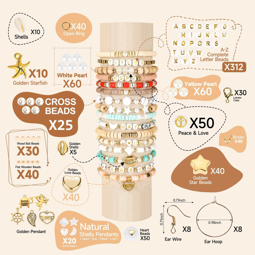 Clay bead bracelet making kit contents including various beads, charms, and findings displayed with labels and quantities.