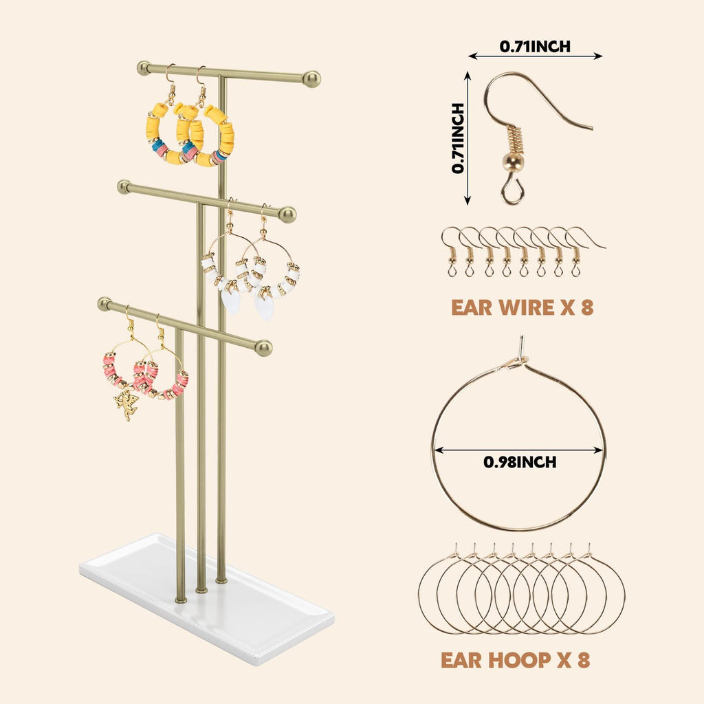 Gold earring display stand with three tiers holding various earrings, next to images of earring components and dimensions.