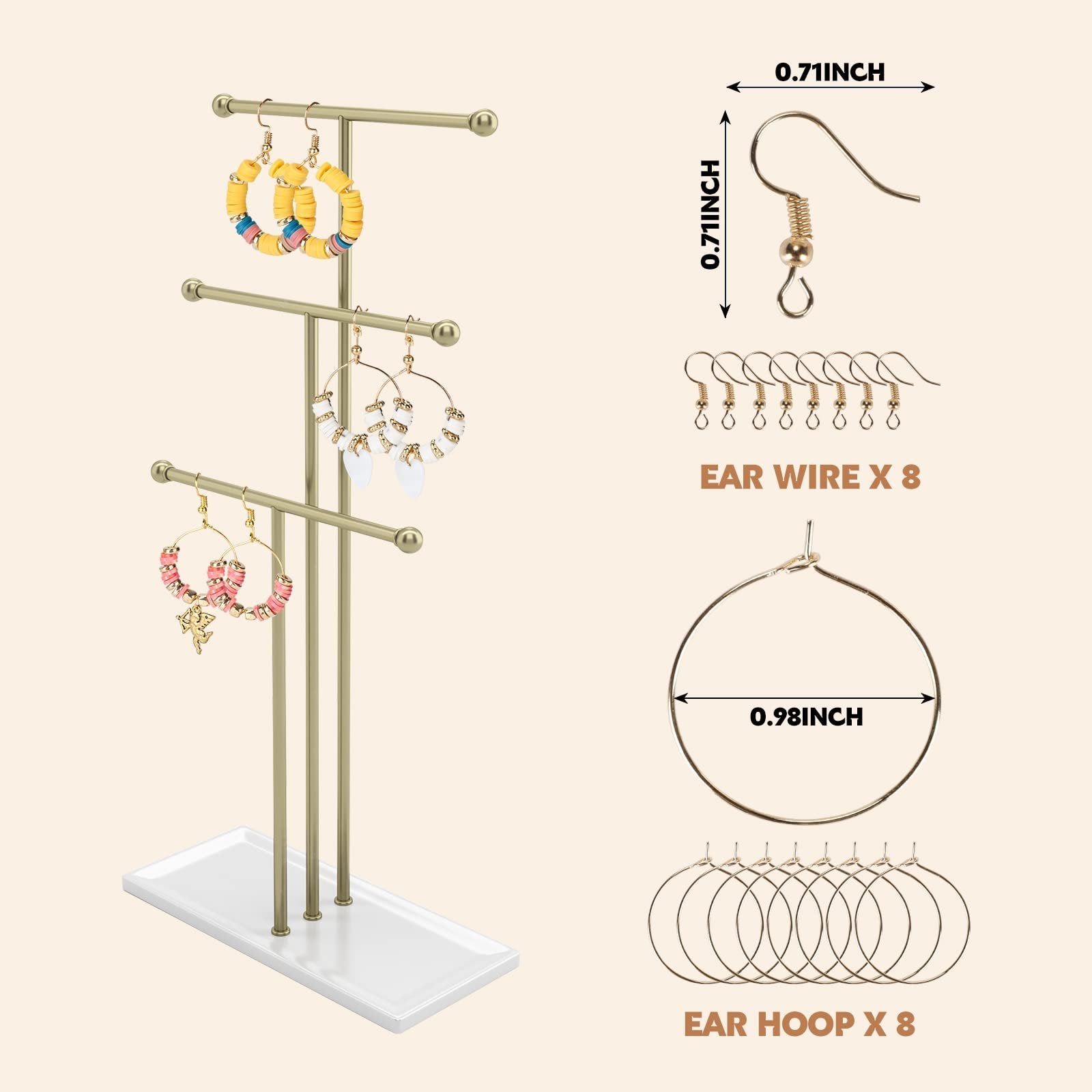 Gold earring display stand with three tiers holding various earrings, next to images of earring components and dimensions.