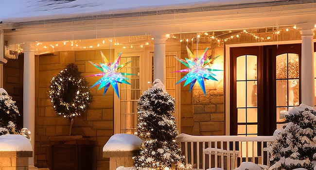 Two illuminated starburst Christmas lights hanging on a snowy porch with a wreath and icicle lights.