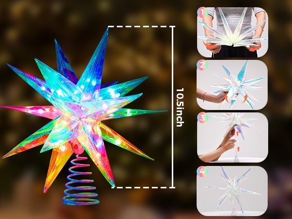 RGB LED Christmas tree topper star with 10.5 inch height, shown with assembly instructions