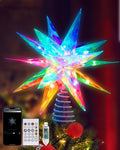 App-controlled RGB LED Christmas tree topper star with remote and USB on a decorated tree