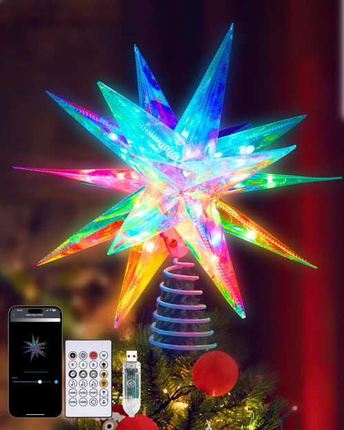 App-controlled RGB LED Christmas tree topper star with remote and USB on a decorated tree