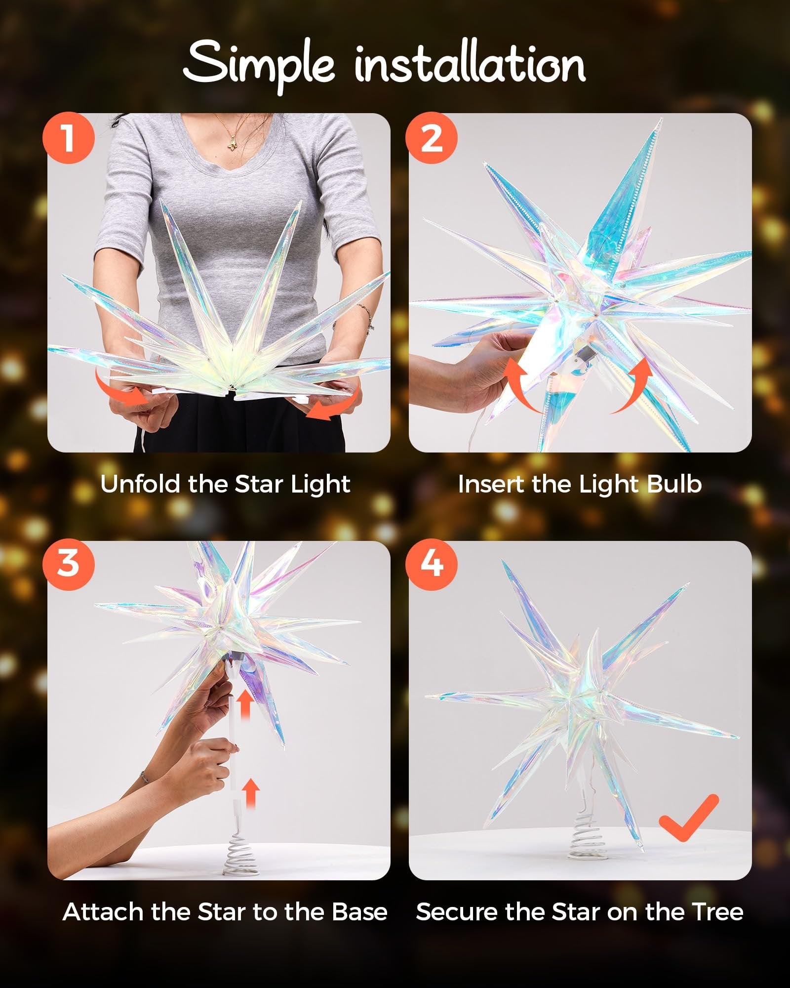 Four-panel graphic showing how to install a star-shaped tree topper. Includes unfolding, inserting bulb, attaching to base, and securing on tree.