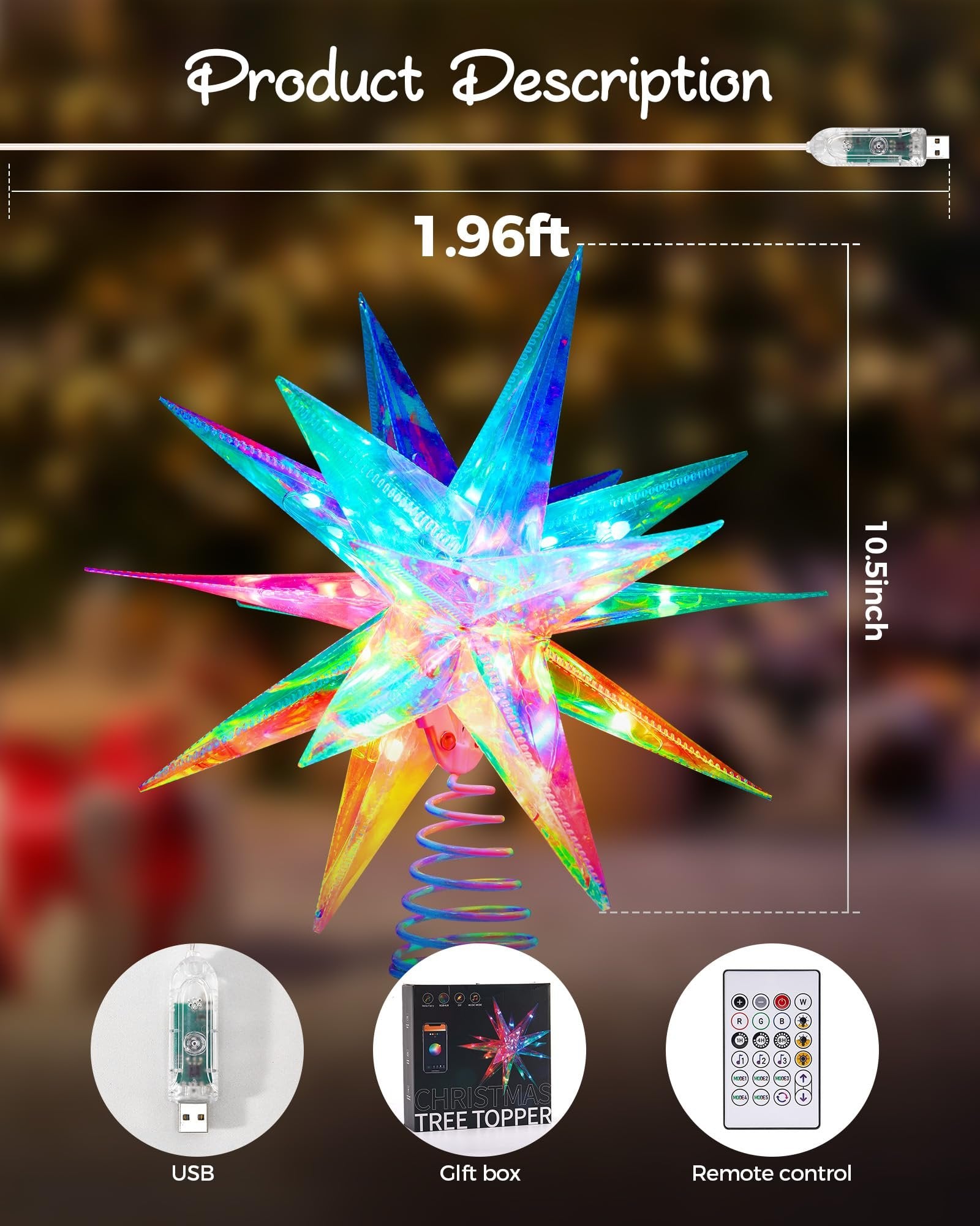 RGB LED Christmas tree topper star with USB, gift box, and remote control shown, with dimensions 1.96ft and 10.5inch.