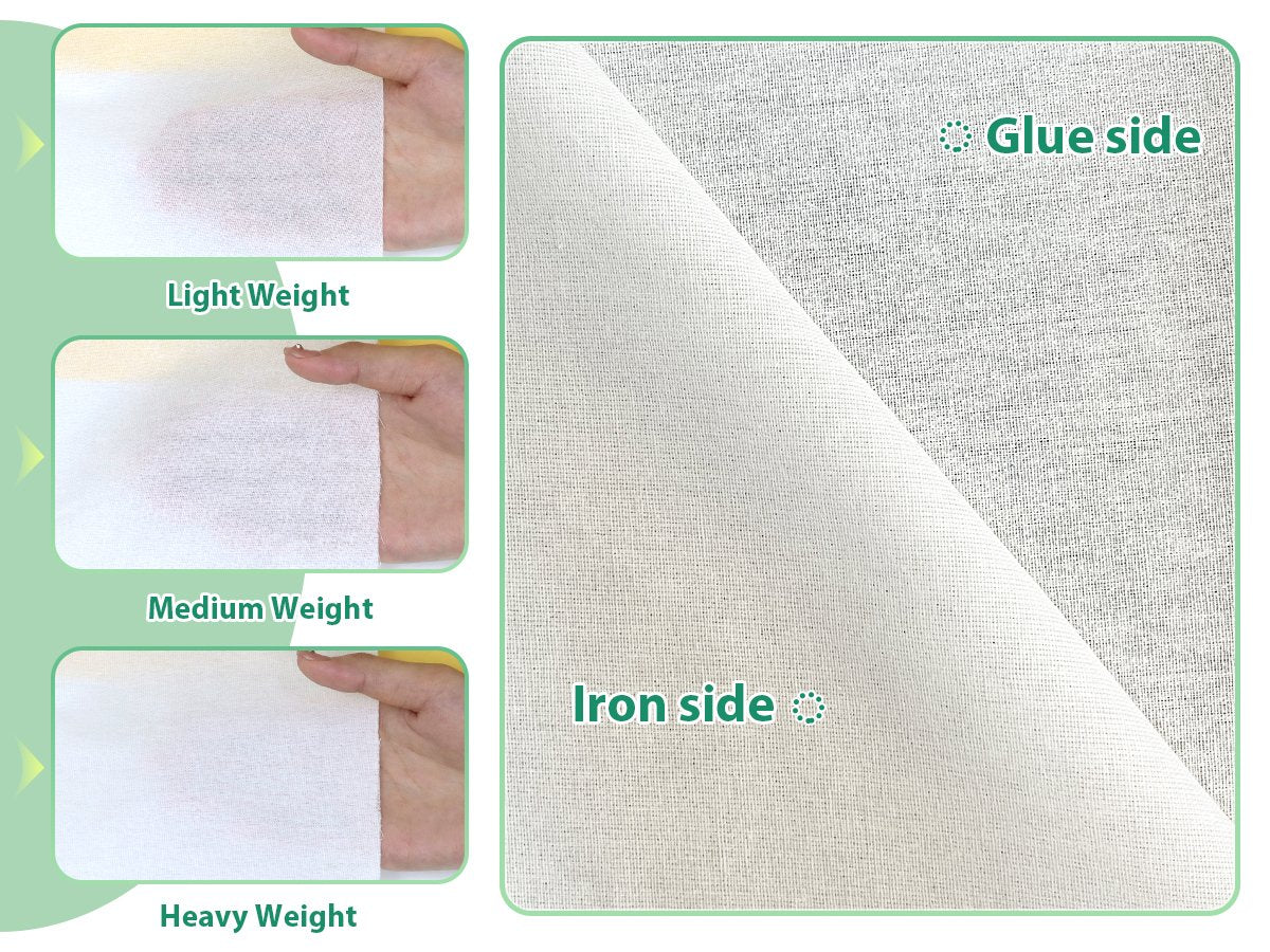 Three swatches of white fabric showing light, medium, and heavy weights, next to a larger swatch showing the glue and iron sides of the fabric.