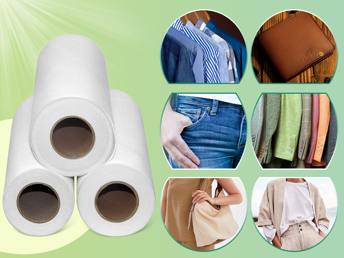 Three rolls of white cotton interfacing fabric on a light green background with lifestyle images of clothing and accessories.