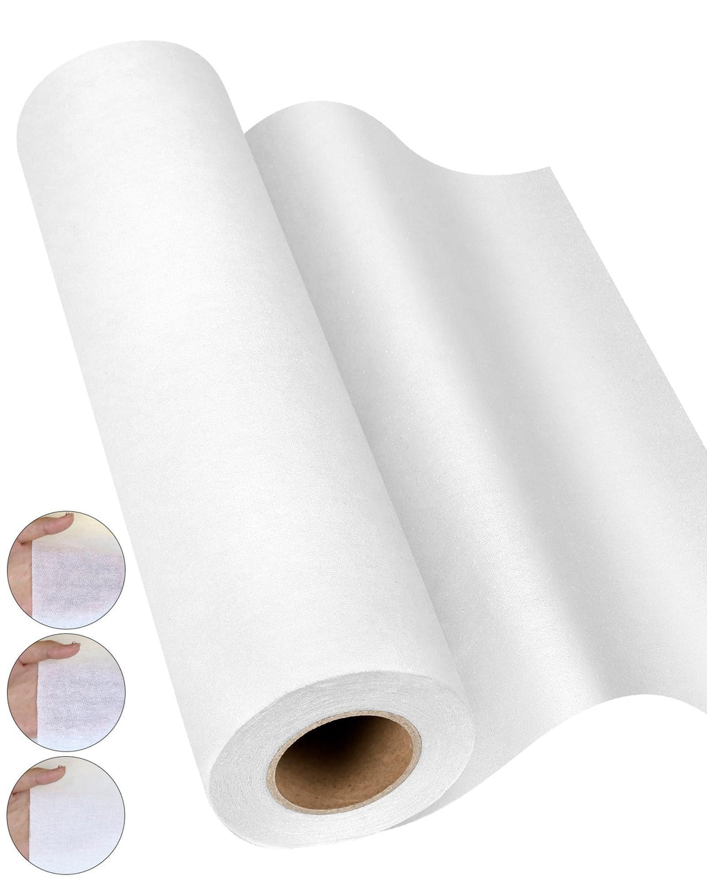 Roll of white cotton interfacing fabric shown from an angle, with three inset circular views showing close-ups of the fabric texture held by a hand.