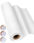 Roll of white cotton interfacing fabric shown from an angle, with three inset circular views showing close-ups of the fabric texture held by a hand.