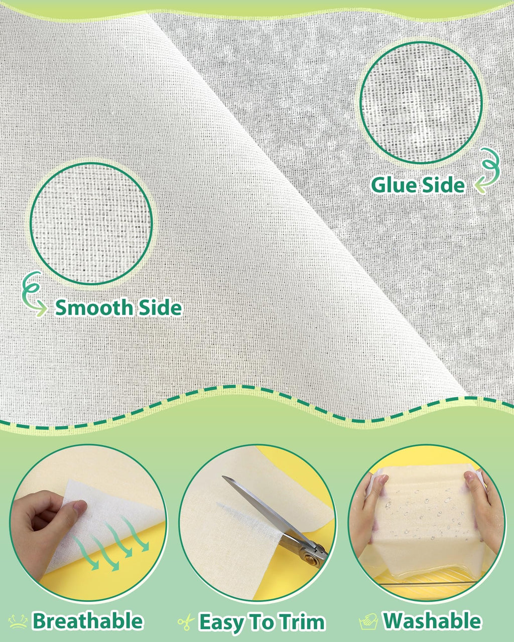 White cotton interfacing fabric showing smooth and glue sides, with close-ups and icons for breathable, easy to trim, and washable.