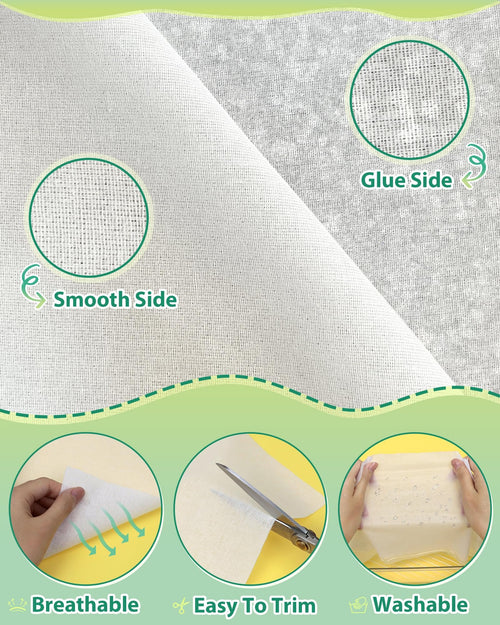 White cotton interfacing fabric showing smooth and glue sides, with close-ups and icons for breathable, easy to trim, and washable.