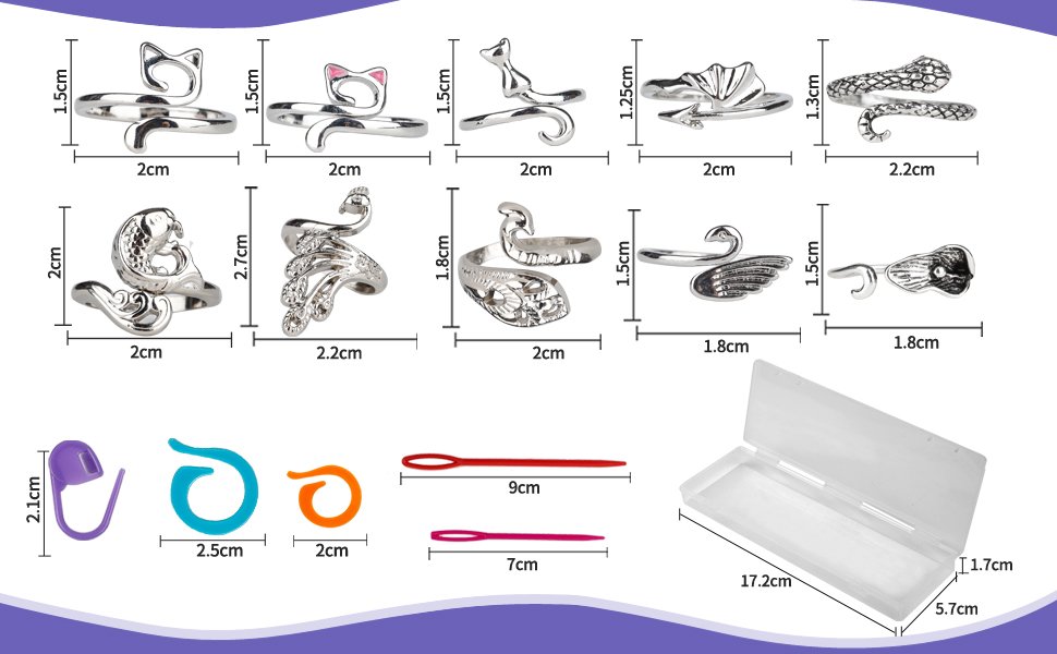 Collection of adjustable crochet tension rings with animal designs, stitch markers, sewing needles, and a storage box, all with dimensions labeled.