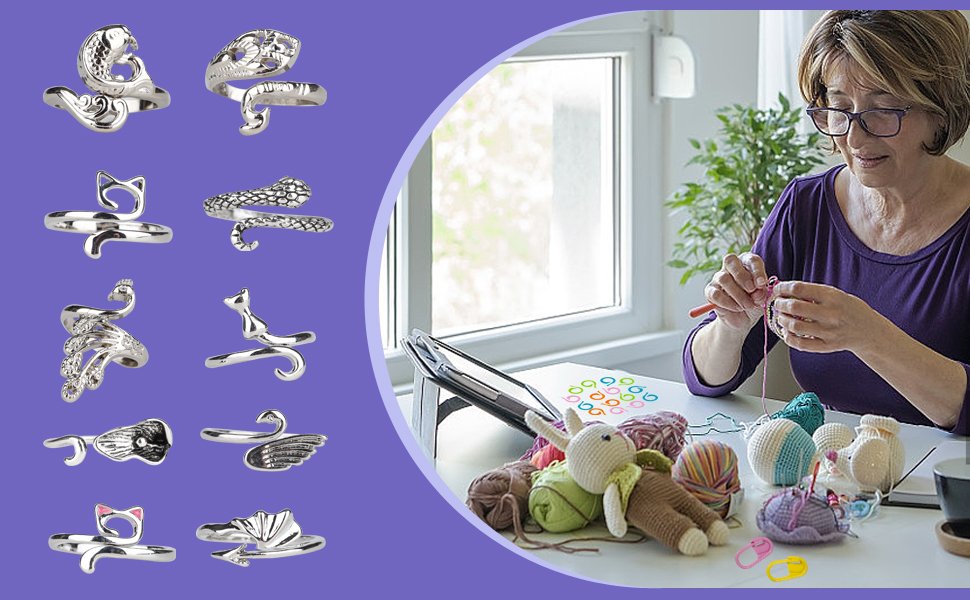 Collection of adjustable crochet rings in animal and wing shapes, alongside a woman crocheting with yarn and stitch markers.