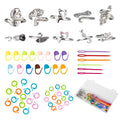 Set of 10 adjustable crochet rings, 45 stitch markers, 6 plastic sewing needles, and a storage box