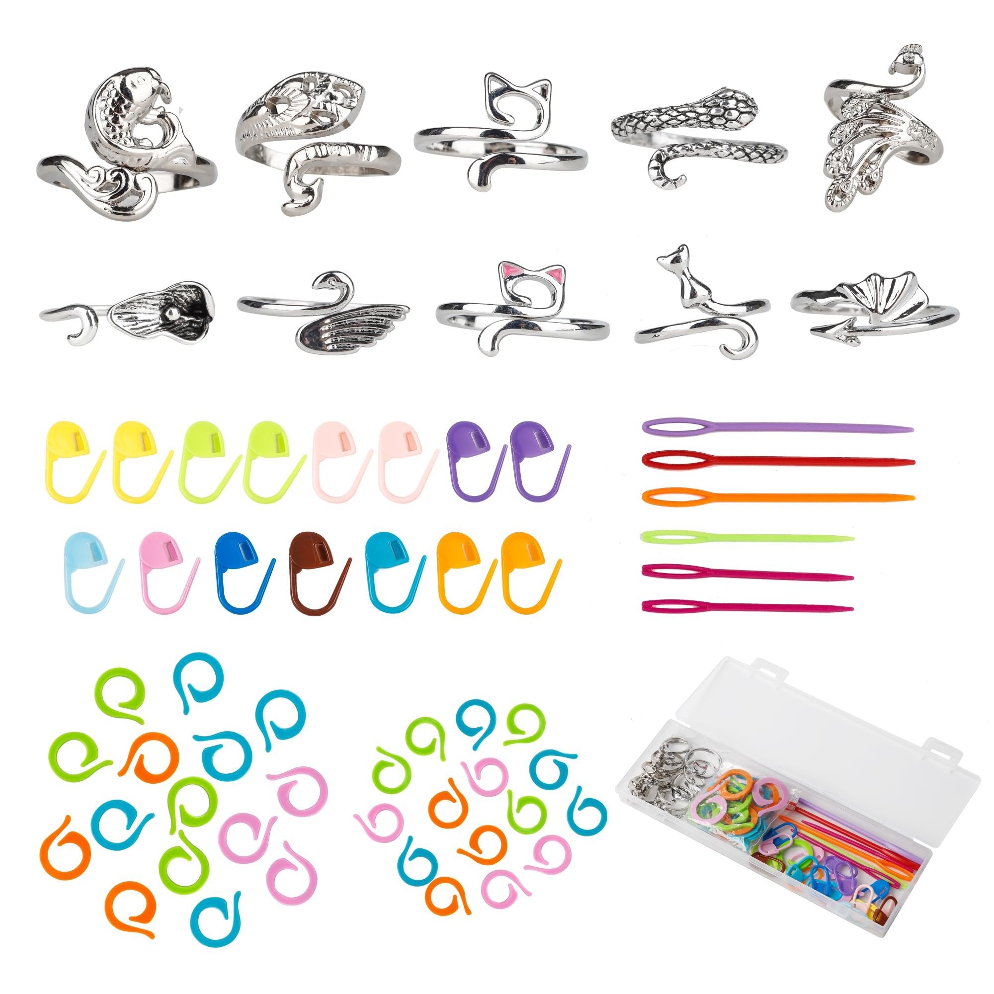 Set of 10 adjustable crochet rings, 45 stitch markers, 6 plastic sewing needles, and a storage box
