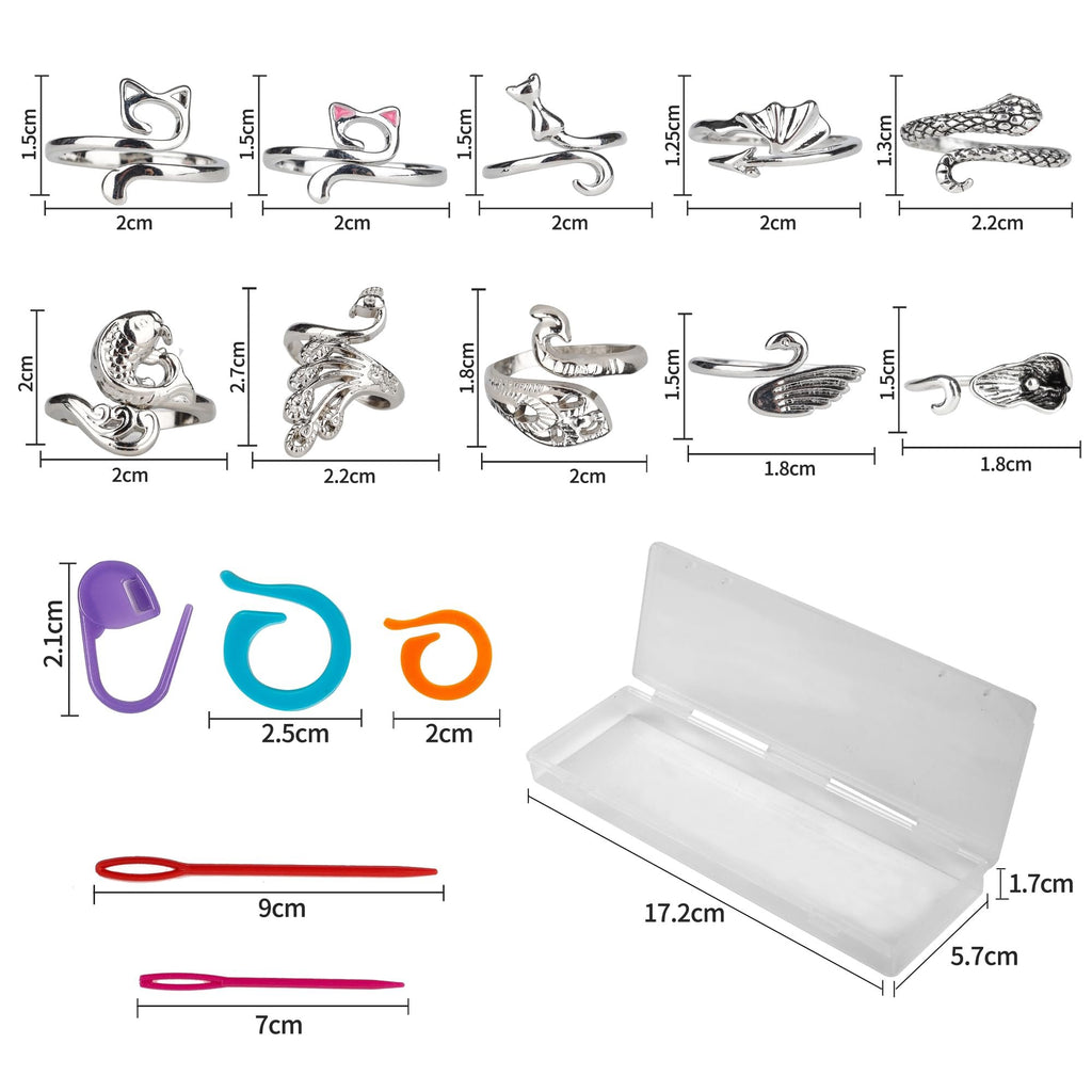 Collection of adjustable crochet tension rings in animal and mythical creature shapes, stitch markers, plastic sewing needles, and a storage box with dimensions shown.