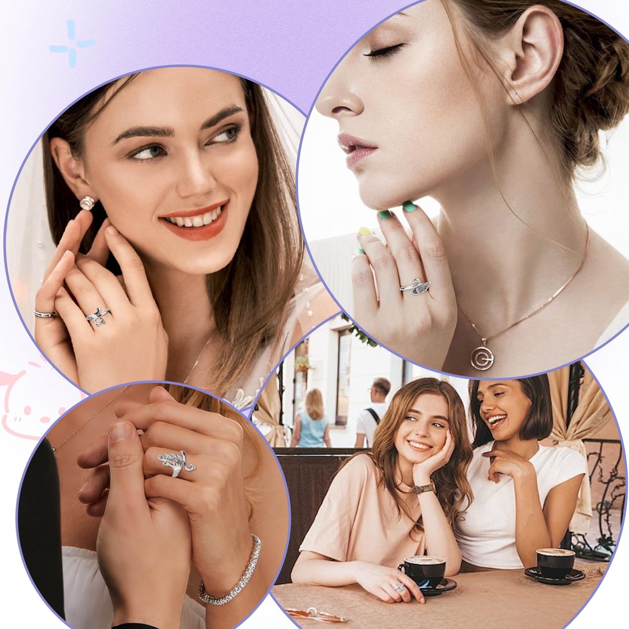 Collage of women wearing adjustable crochet tension rings and bracelets, one pair of earrings.