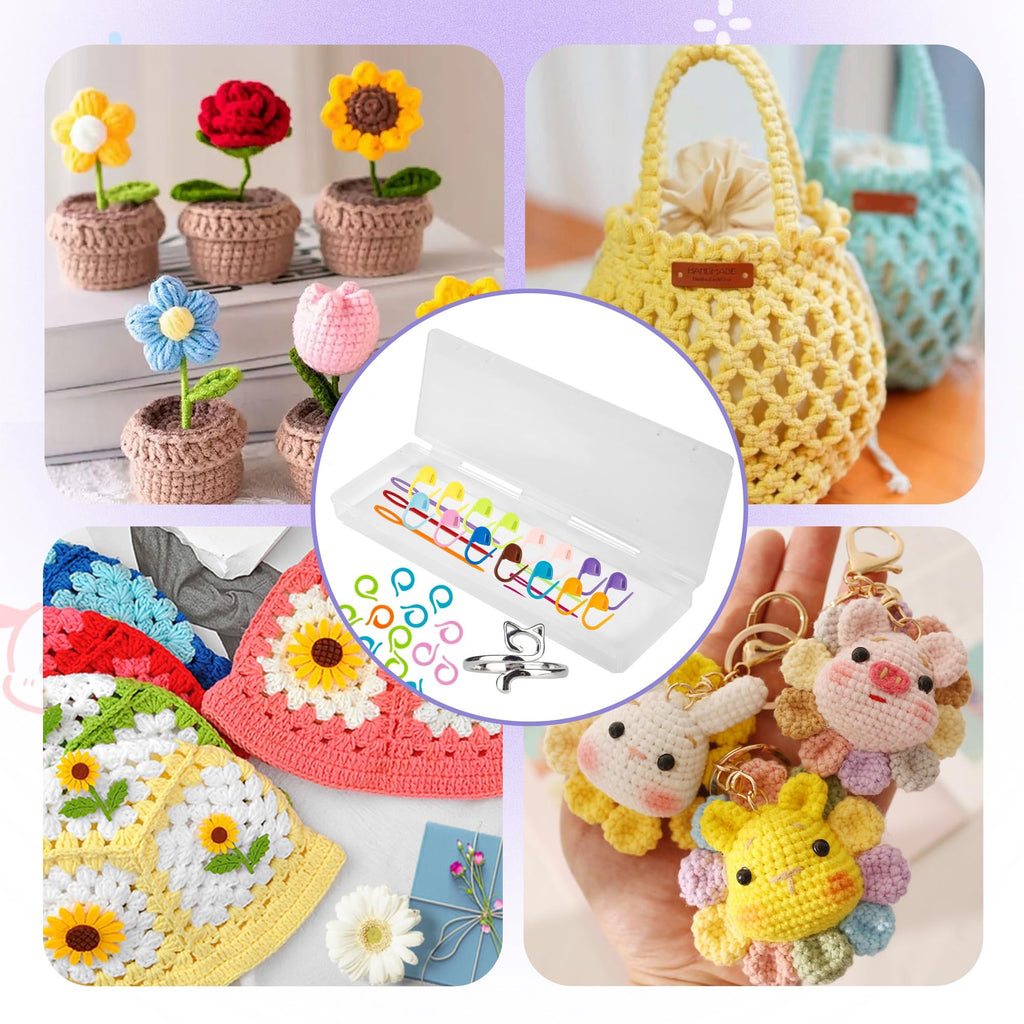Collage of crochet items including potted flowers, bags, granny squares, keychains, and a stitch marker set with a cat ring.