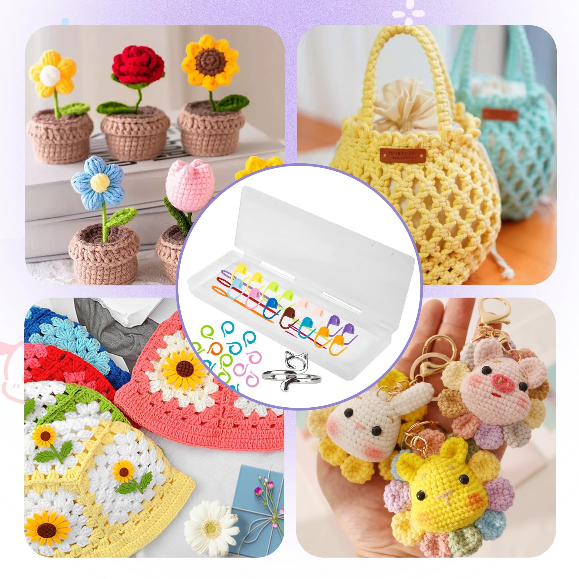 Collage of crochet items including potted flowers, bags, granny squares, keychains, and a stitch marker set with a cat ring.
