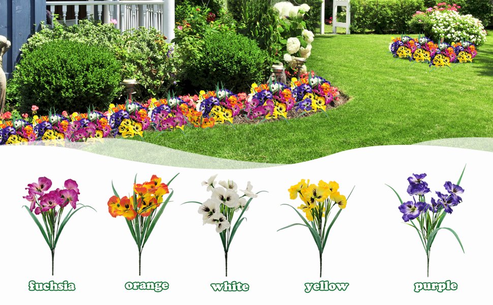 Artificial pansy flowers in fuchsia, orange, white, yellow, and purple colors arranged in a garden bed and displayed individually.