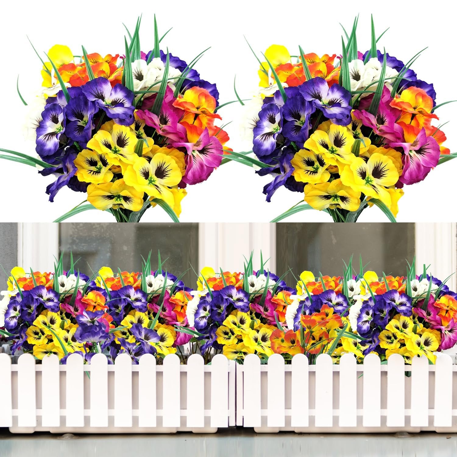 Two bouquets of artificial pansy flowers and a planter box filled with artificial pansy flowers behind a white picket fence.