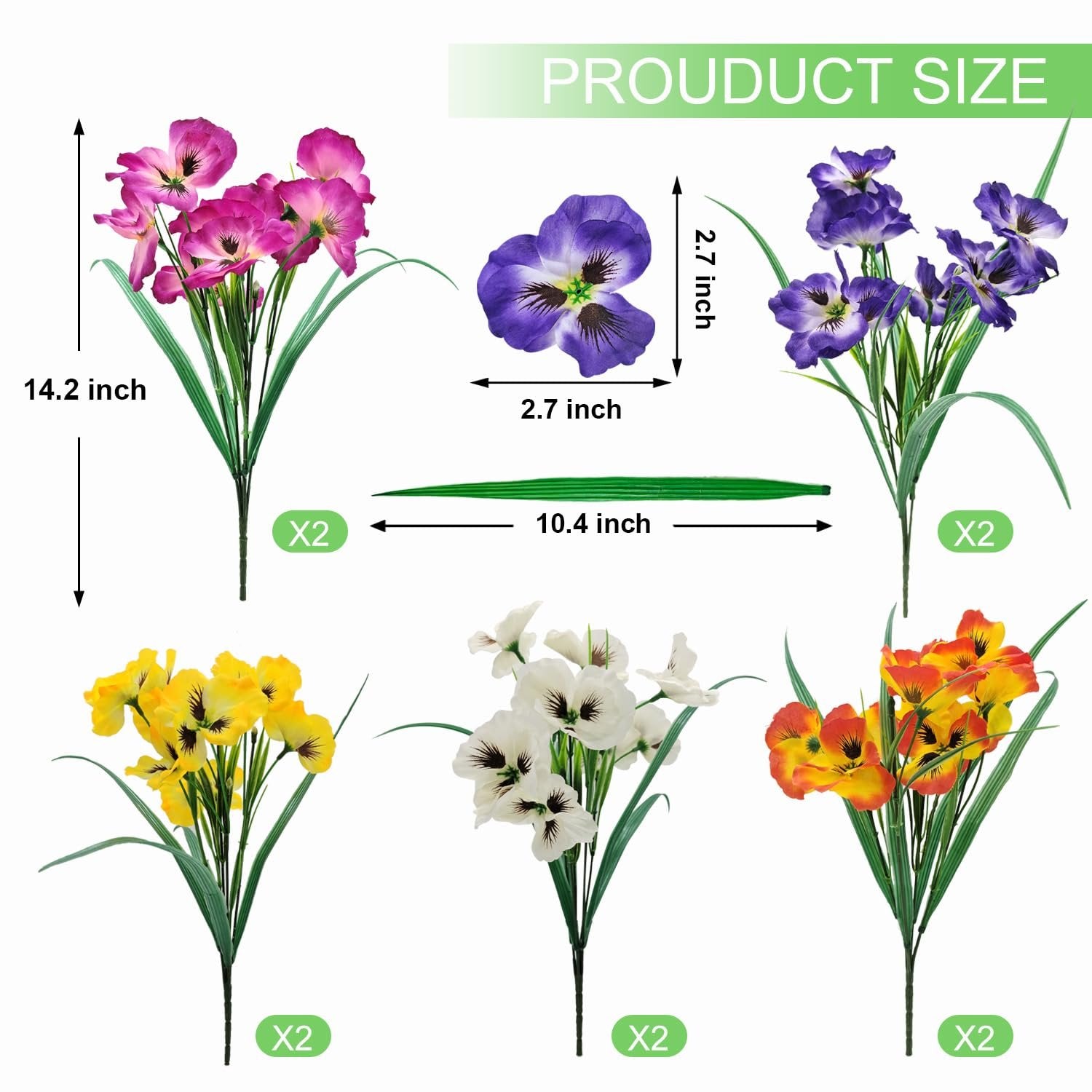 Artificial pansy flower bouquets in pink, purple, yellow, white, and orange, with size dimensions indicated.
