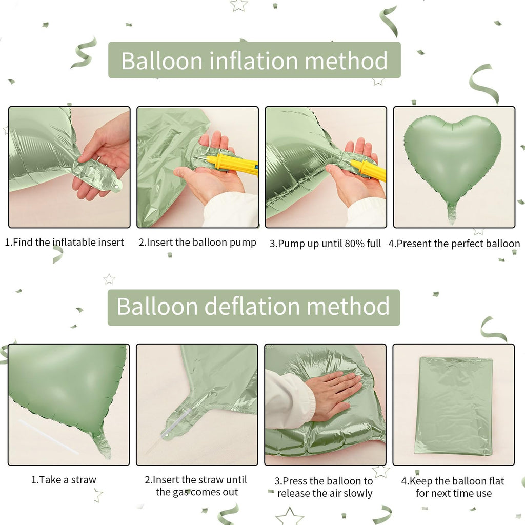 Instructions for inflating and deflating a sage green heart-shaped foil balloon