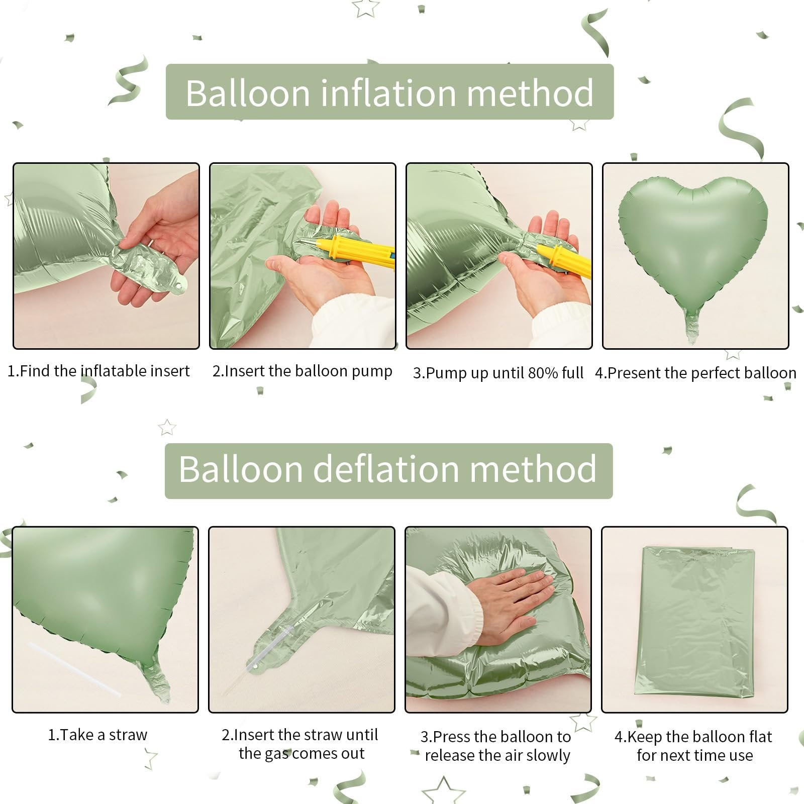 Instructions for inflating and deflating a sage green heart-shaped foil balloon