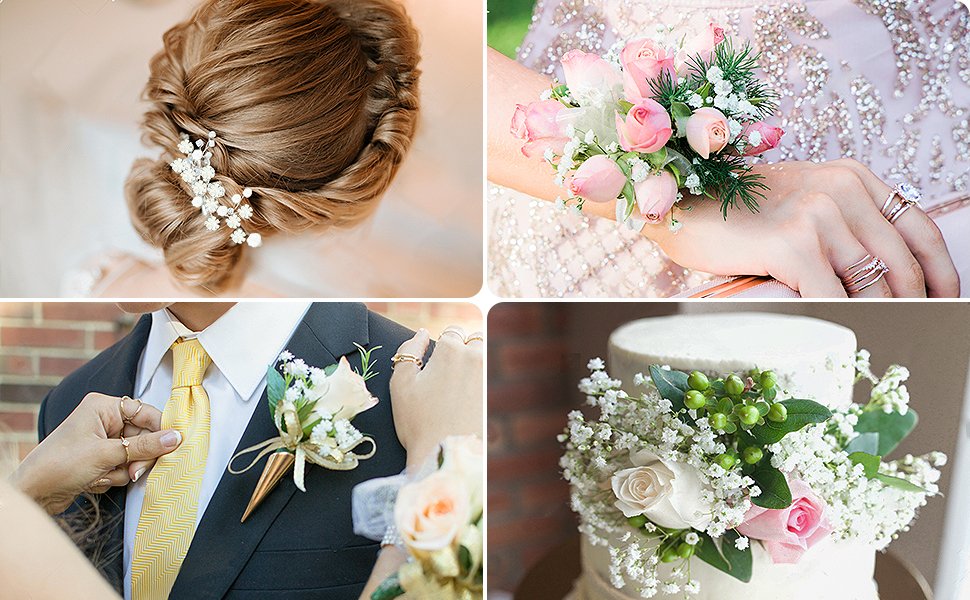 Collage of wedding floral arrangements: bridal updo with pearl pins, wrist corsage, groom's boutonniere, and cake decor