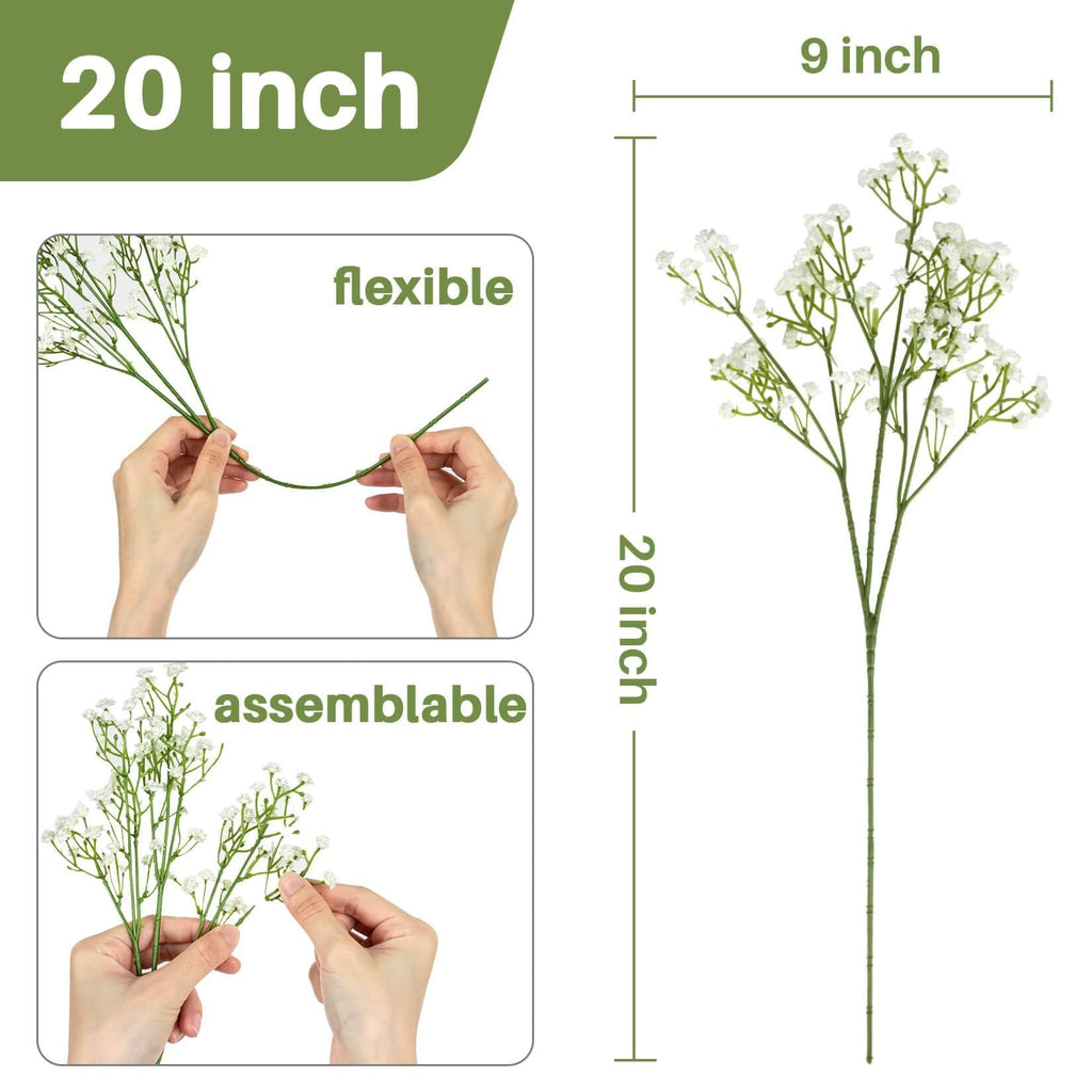 Artificial baby's breath flower stem showing dimensions and flexibility