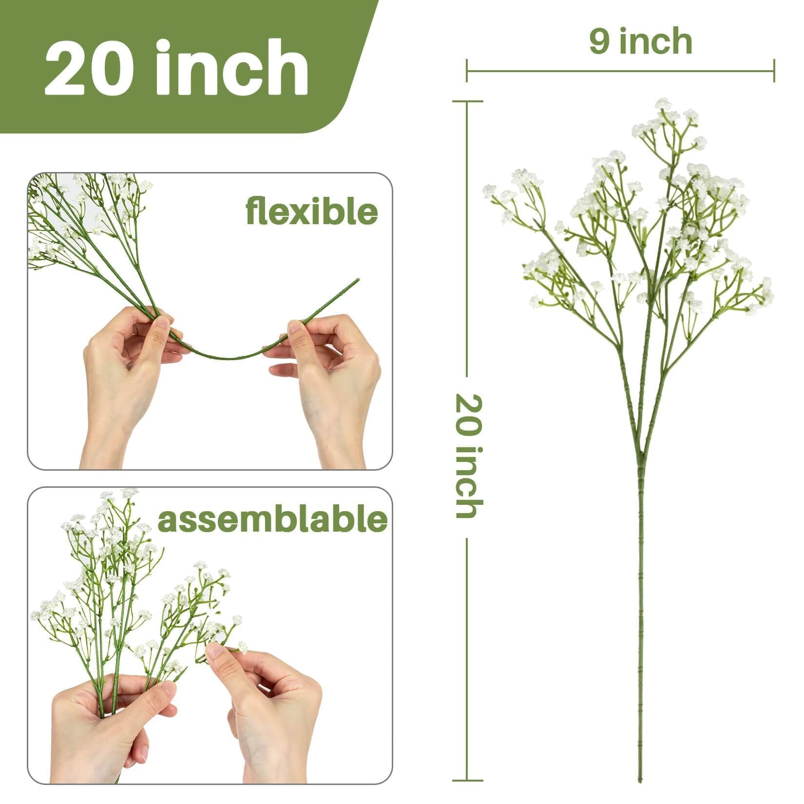 Artificial baby's breath flower stem showing dimensions and flexibility