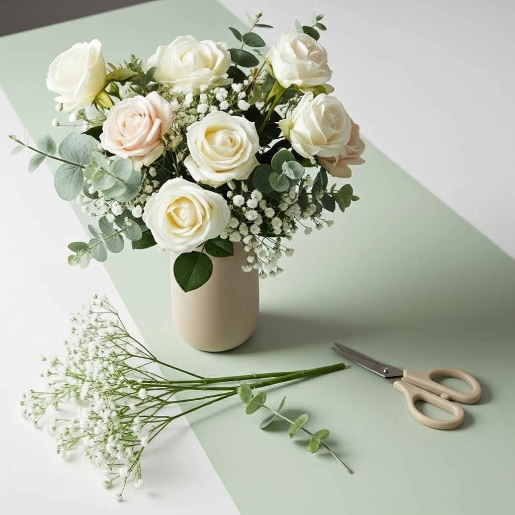 Bouquet of white and pink roses with baby's breath and eucalyptus in a vase, with loose stems and scissors on a split-color surface.