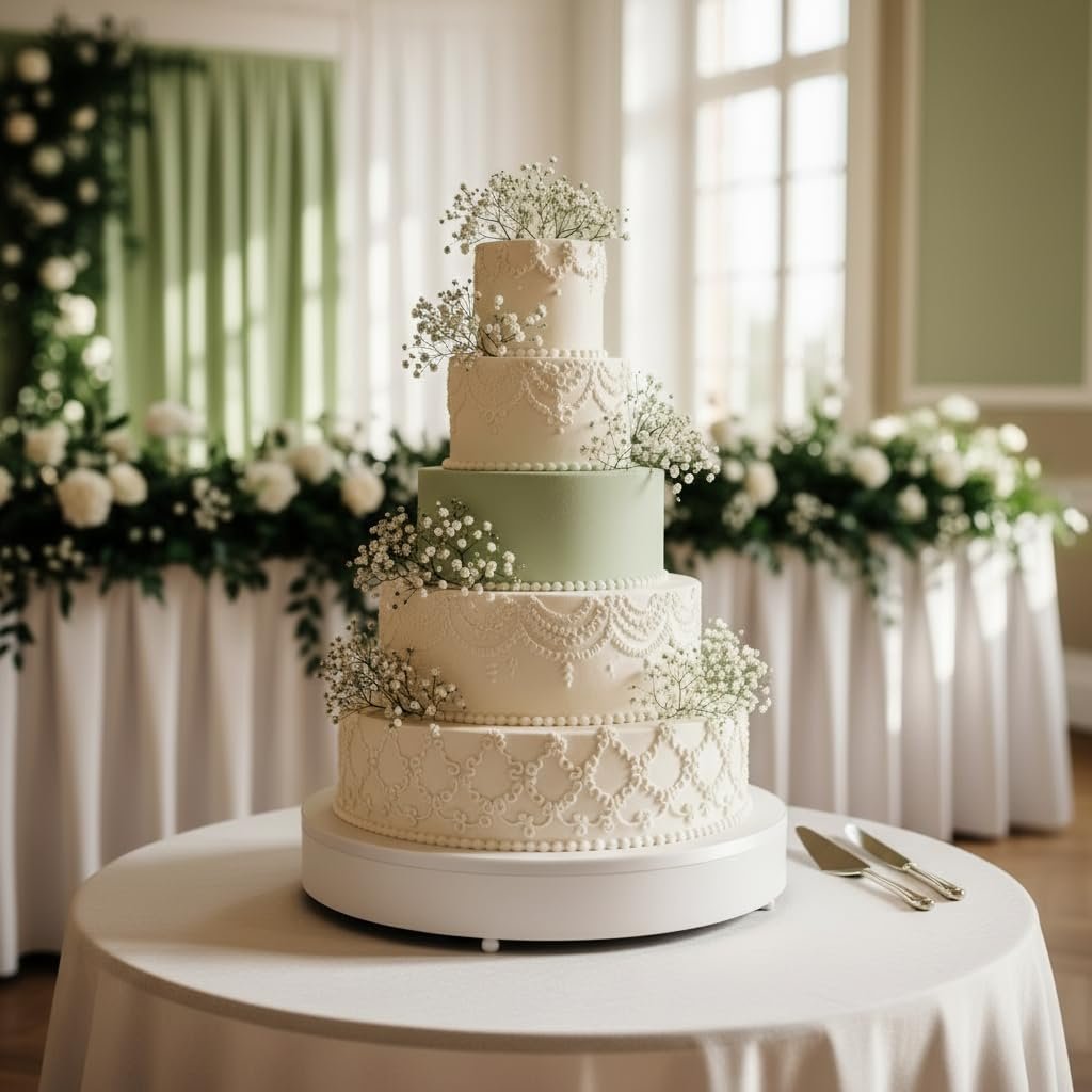 Four-tier wedding cake decorated with white baby's breath flowers and intricate lace patterns, set on a table with cake servers.