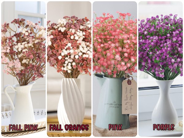 Four bouquets of artificial baby's breath flowers in different colors: fall pink, fall orange, pink, and purple, displayed in vases.