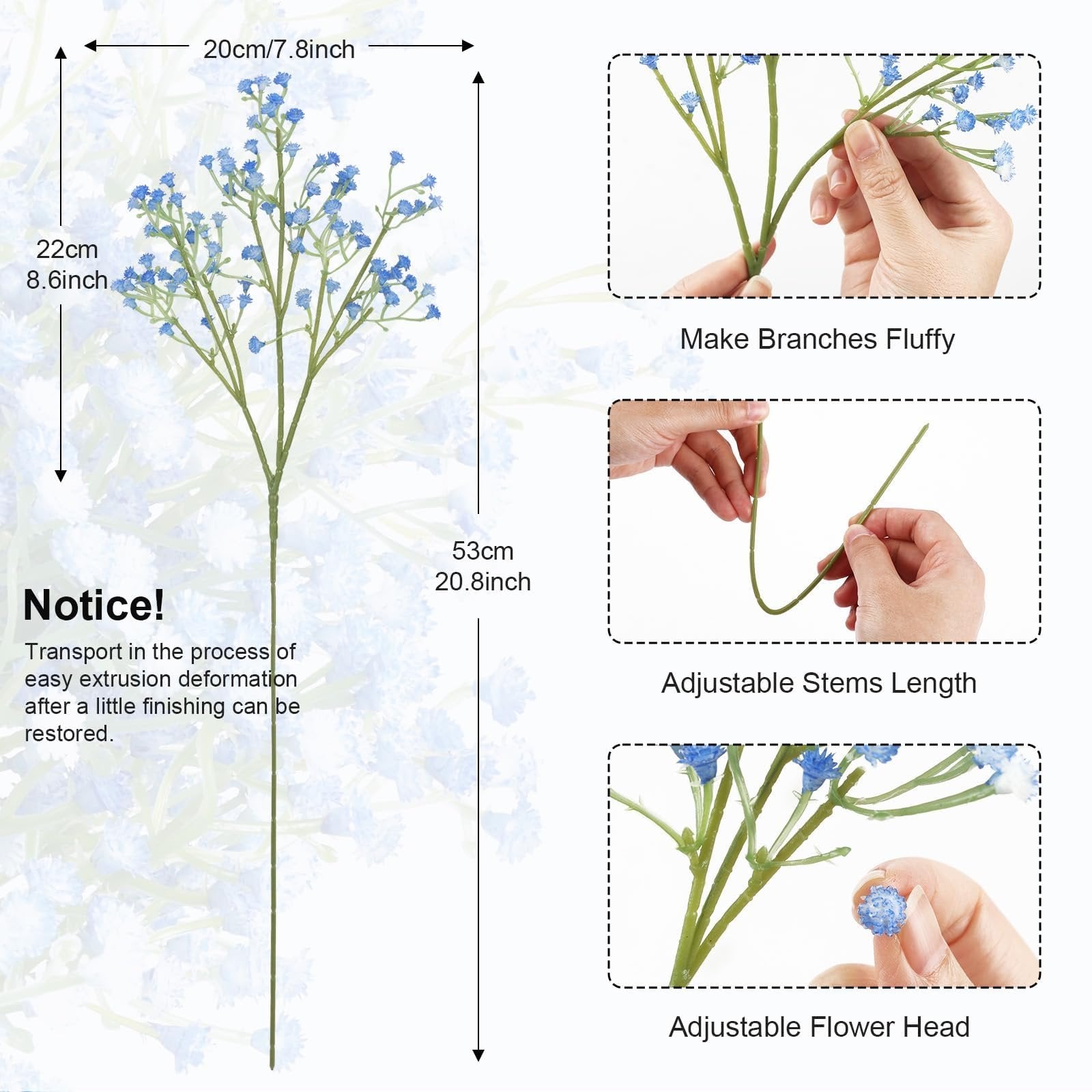 Artificial blue baby's breath flower stem showing dimensions and adjustment features