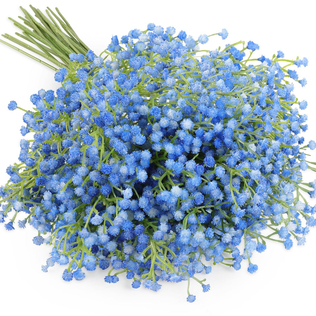 Bouquet of blue artificial baby's breath flowers with green stems, close-up view
