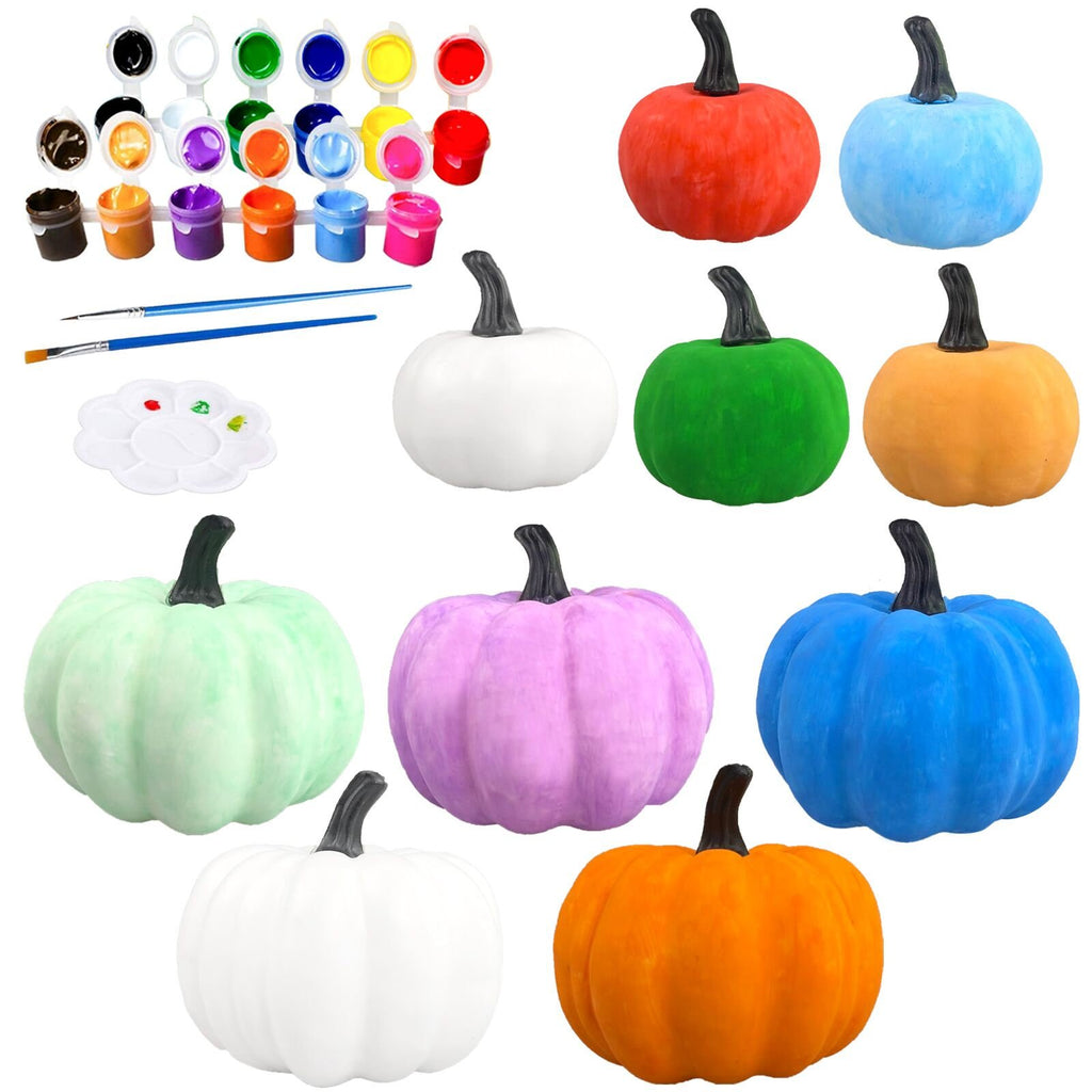 Paint-your-own pumpkin decorating kit with assorted colored pumpkins, paints, brushes, and palette.